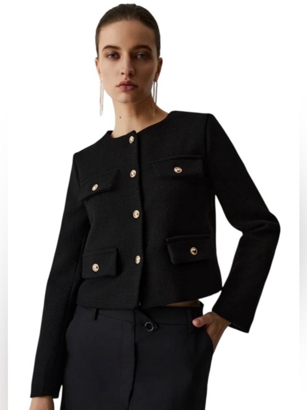 Commense Vintage Button Tweed Jacket Black Blazer with Gold Buttons size XS